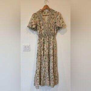 Max Studio Floral Midi Dress in Cream and Green